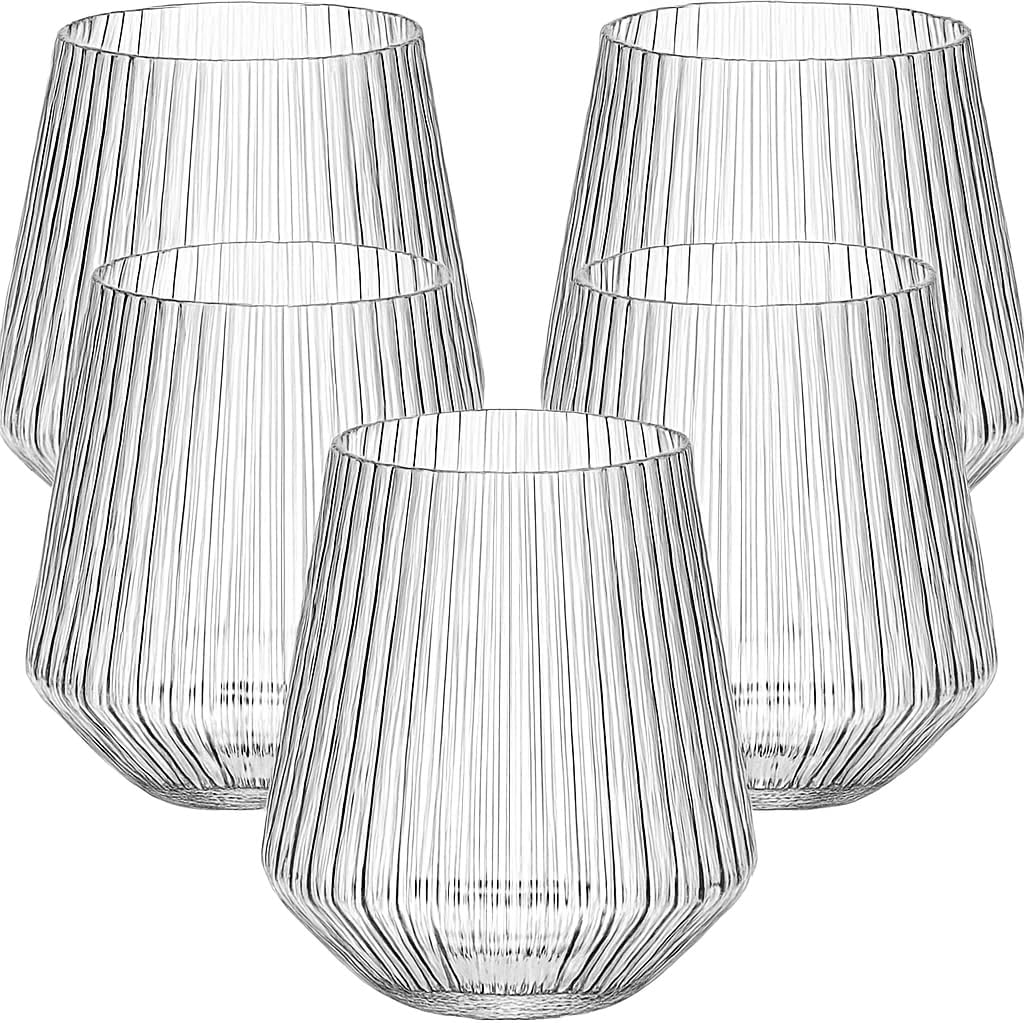 18 count origami ripple Unbreakable Stemless Plastic Wine Champagne Whiskey Glasses Elegant Durable Disposable Indoor Outdoor Ideal for Home, Office, Bars, Wedding, Ribbed 12 Ounce Cups (18, Clear)