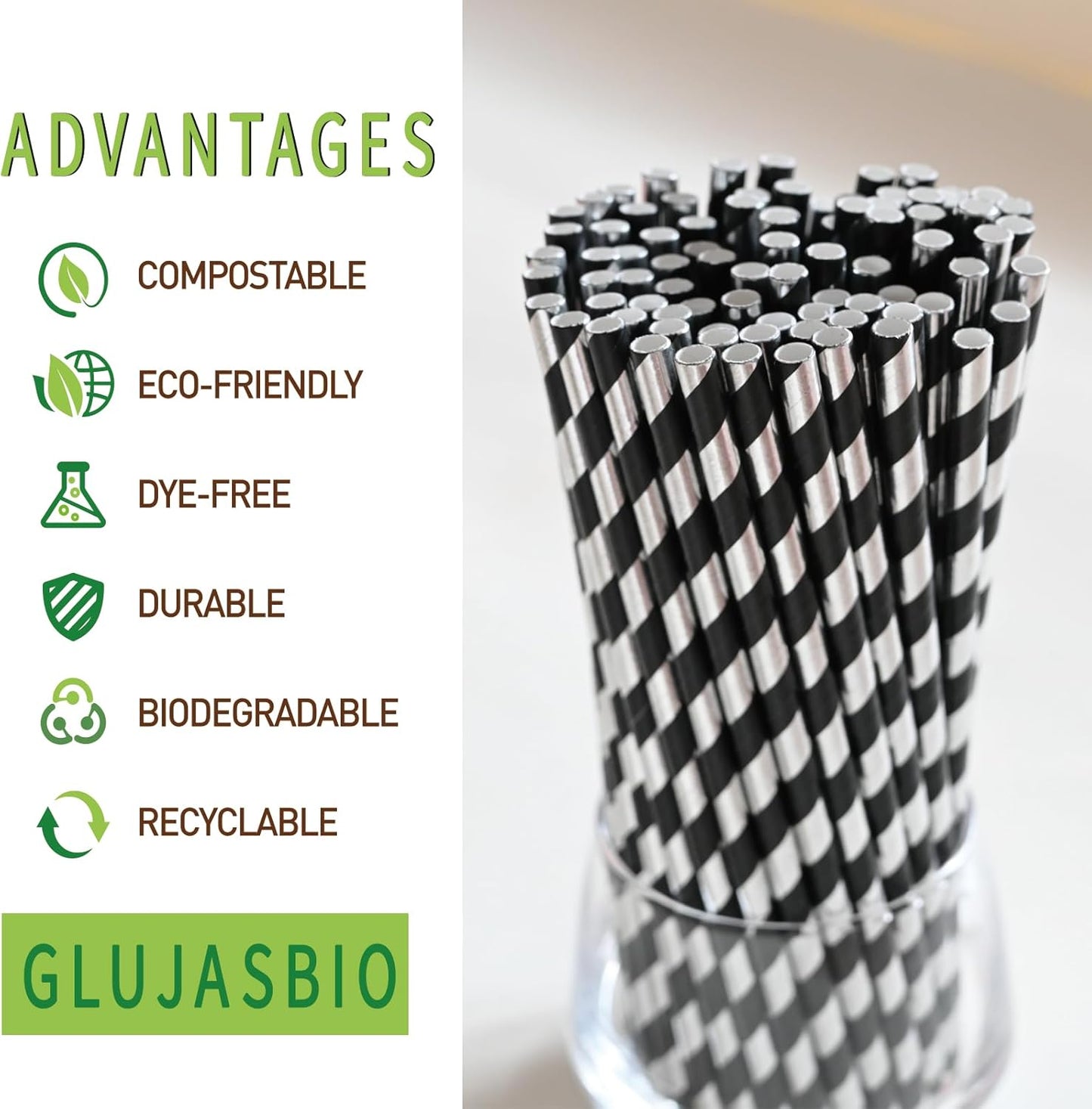 Disposable Paper Straws - Black Silver Striped Drinking Straws for Bar, Wedding, Brithday, Party Supply, Cake Pop Sticks, Cocktail, Drinks, 7.75" x 0.24"