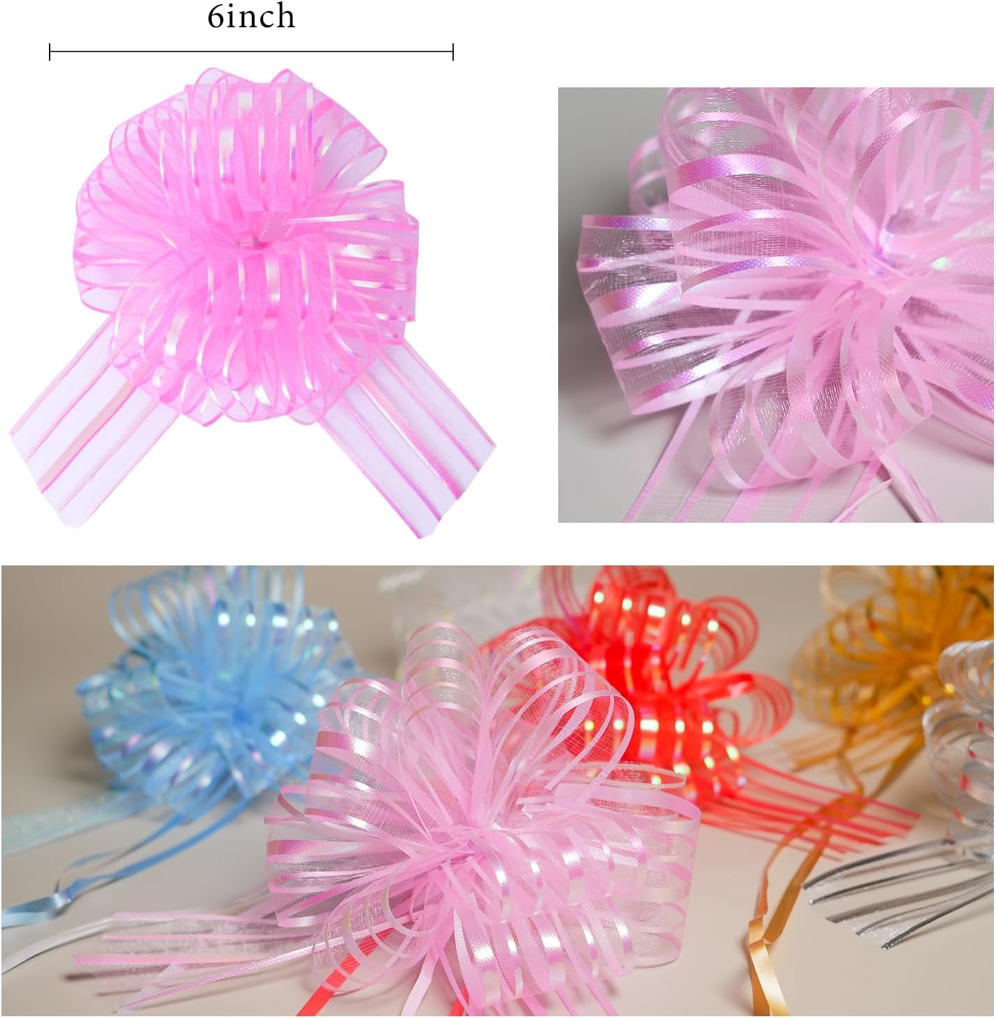 6 Pcs 6 Inch Large Organza Pull Bow Ribbon – Elegant Gift Bows for Wedding Decorations, Christmas Wrapping, Birthday Parties, Car Decor, Gift Baskets, and Valentine's Day Packaging(Pink)