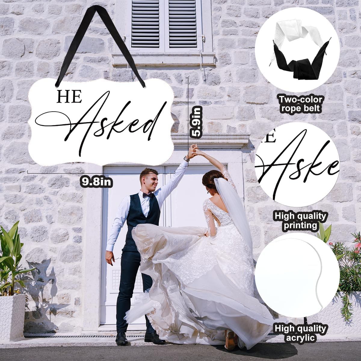 2 Pcs Acrylic Wedding Sign, Ring Bearer Sign, Rustic Wedding Decor Signs, Acrylic Wall Art With Ribbon for Chairs Weddings Decor and Event Party - He Asked She Said About Damn Time (White)