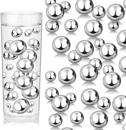 100PCS Silver Faux Pearls Beads for Centerpiece Vases, Vase Filler Faux Pearls, No Holes Filler Beads for Party Anniversary Birthday Wedding Table Decor, 14/20/30mm