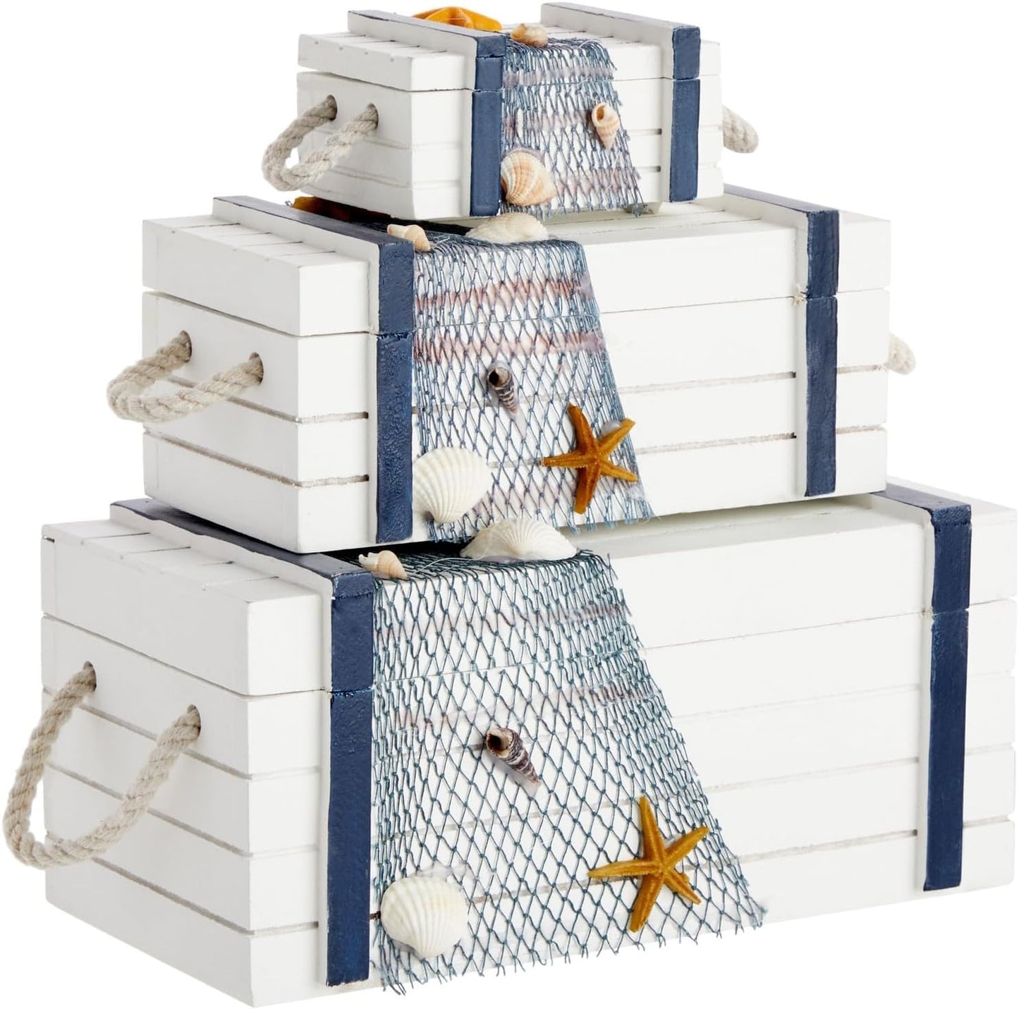 Juvale Nautical Wooden Jewelry Box Set - Jewelry Storage & Nautical Decor Boxes with Lids - Coastal Decor Table Centerpiece