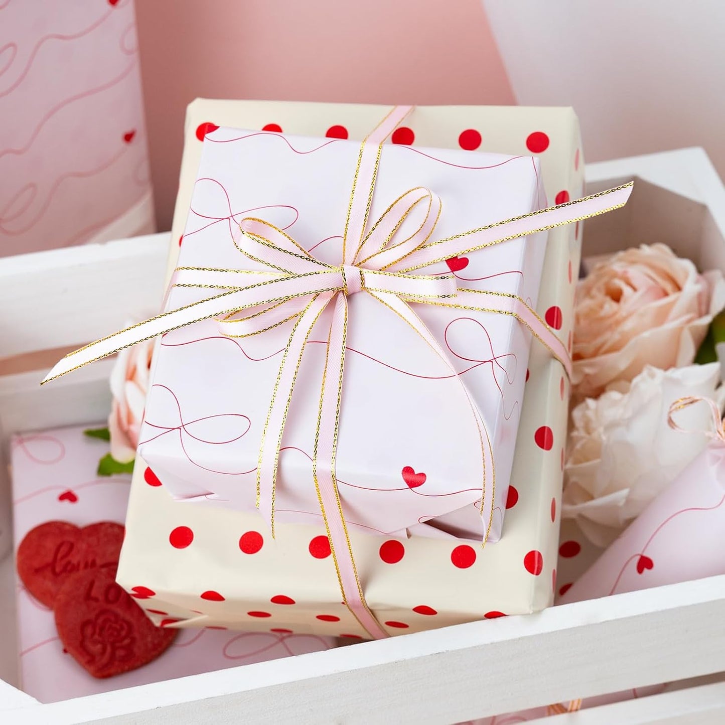 Flyhill Polka Dot Wrapping Paper,Reversible Pink Beige Elegant Heart & Bow Gift Wrap Suitable for Birthday,Girls,Baby Shower,Wedding (17 Inch X 32.8 Feet)