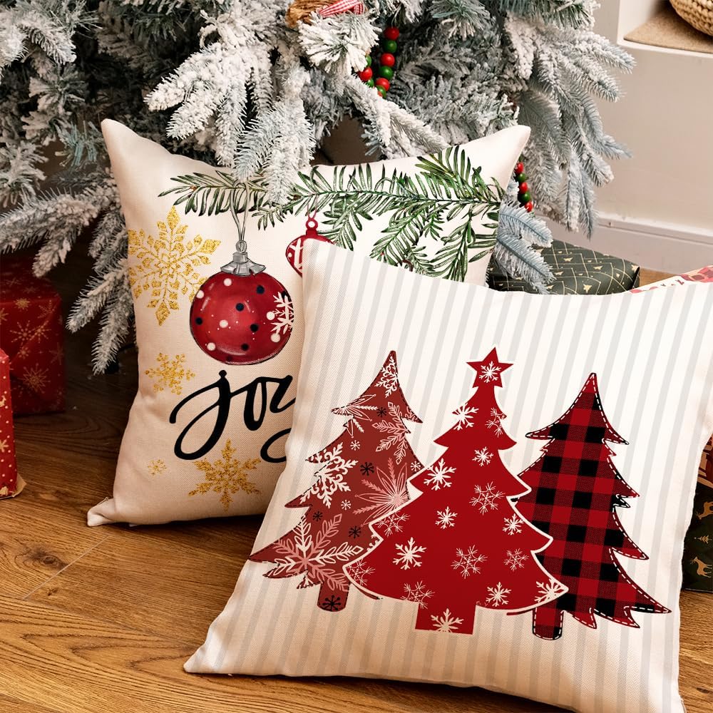 GEEORY Winter Christmas Throw Pillow Covers 18 x 18 Inch Set of 4, Xmas Trees Snowflake Snowman Joy Holiday Farmhouse Decorative Cushion Cases for Home Decoration G583-18
