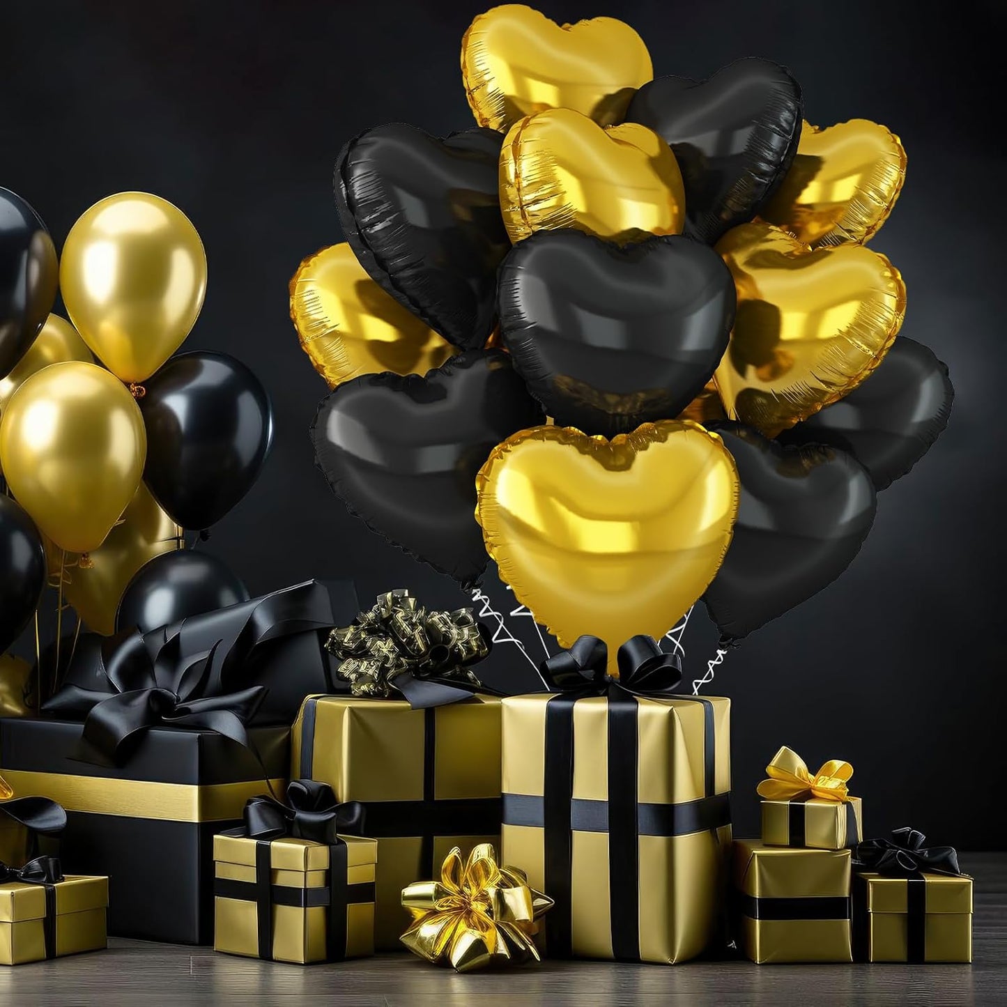 Black Gold Heart Balloons,12Pcs Black Heart Shaped Foil Balloons,18Inch Gold Helium Polyester Film Balloon for Baby Shower Birthday Anniversary Wedding Party Decorations
