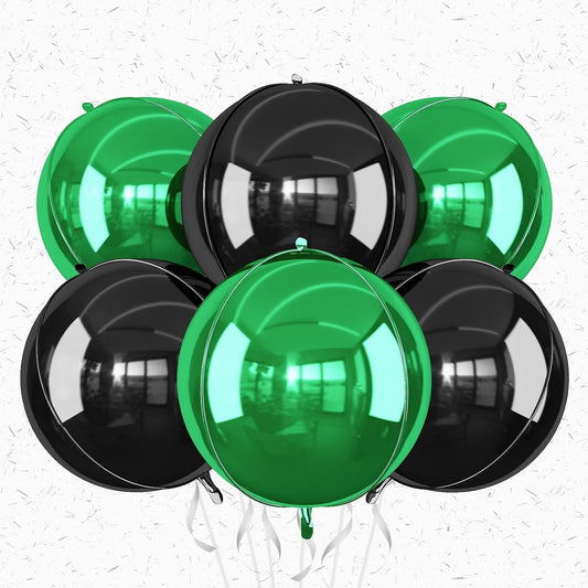 6Pcs Black Green Round Foil Balloons,Giant 4D Round Ball Balloon,22 Inch Metallic Black Green Balloons for Birthday Wedding Graduation Prom Party Decorations