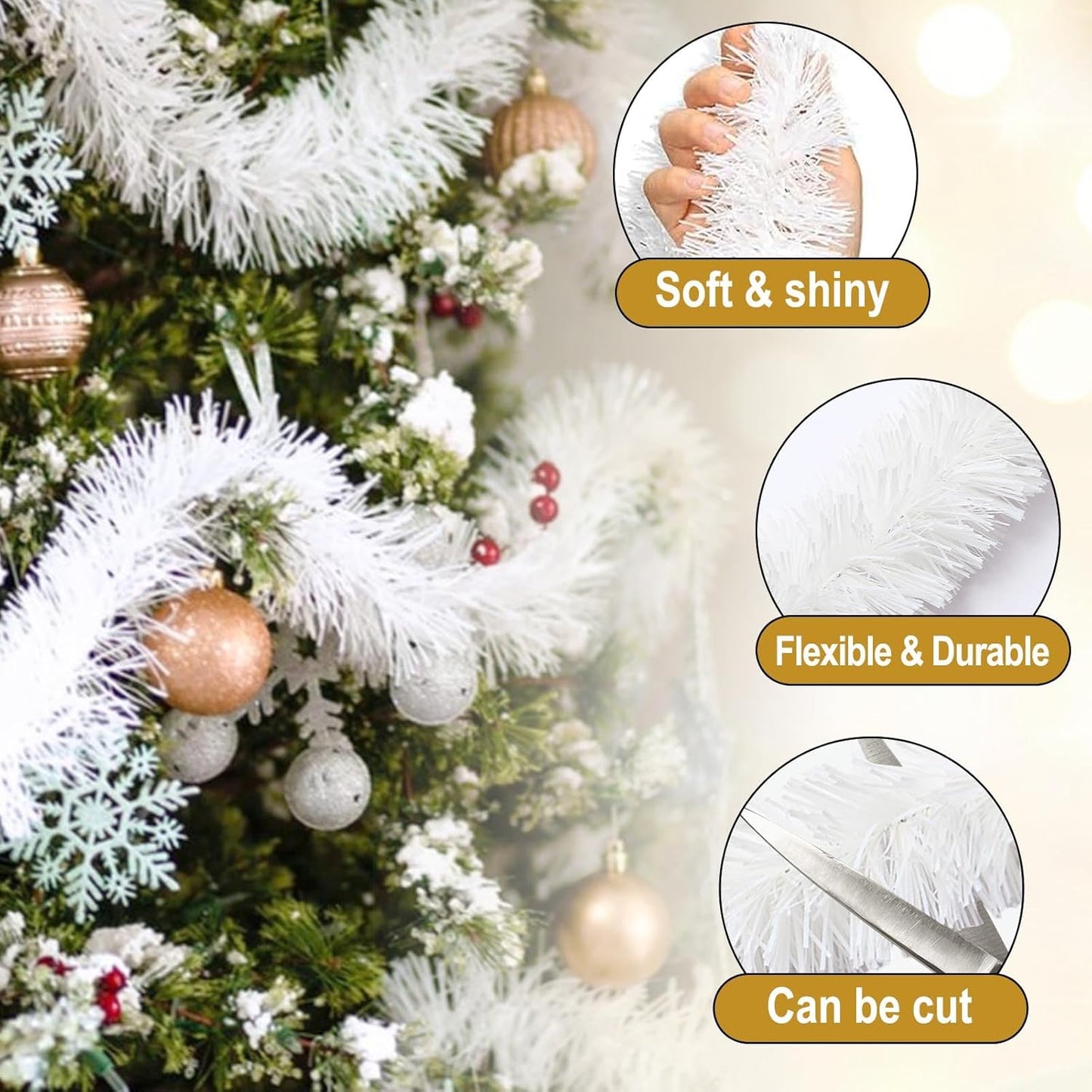 50 Feet Macaron White Christmas Tinsel Garland, Metallic Foil Twist Garland Wall Hanging Tinsel Banner Backdrop for Parade Floats, Easter, Mother's Day, Wedding Party Decorations (2in x 50ft)