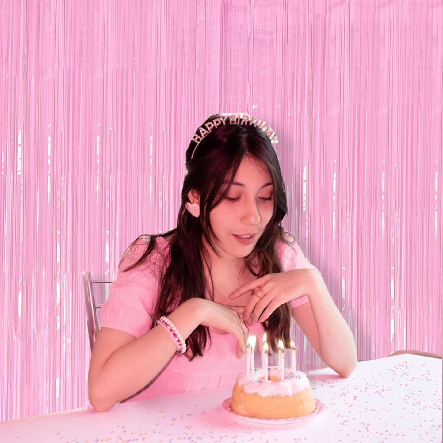 Pastel Pink Birthday Decorations - 4 Pack of 3.2x8.2ft Pink Foil Fringe Curtains Streamers Backdrop for Birthday Valentines Party Decoration