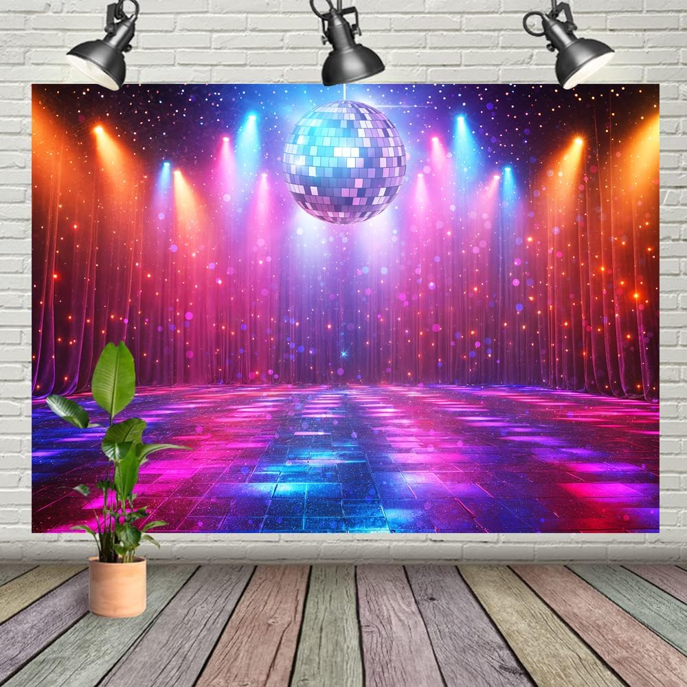 Disco Decorations Backdrop, Retro Glow Party 70s 80s 90s Theme Stage Dance Background Disco Party Decoration, Polyester Banner PartyBackdrop for Birthday Prom Portrait Photo Props 7x5ft