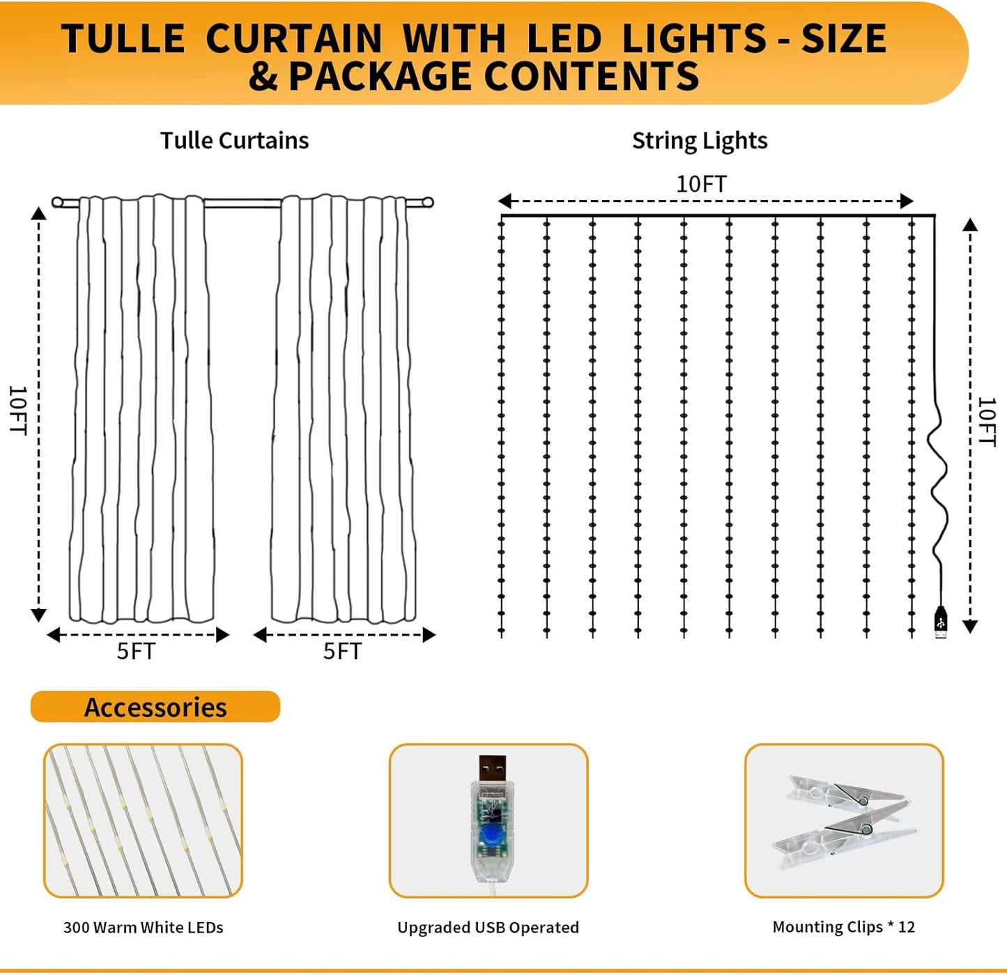 White Tulle Backdrop Curtain with Lights String - 10x10ft Sheer Backdrop with 300 LEDs for Wedding, Baby Shower, Bridal Shower, Birthday Party Photo Shoot Background and Home Decorations