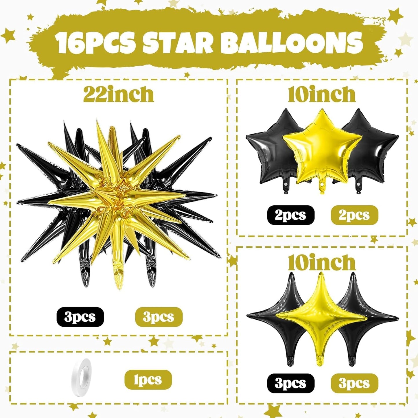 Black Gold Star Balloon,16Pcs Star Foil Balloons Set with 22Inch Explosion Spike Cone Balloons and 10Inch Quadrangle Helium Balloon for Birthday Wedding Baby Shower Party Decorations
