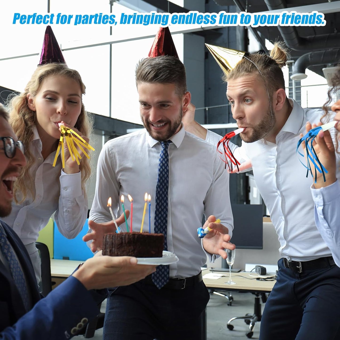 12pcs Glitter Fringed Party Blowers, Colorful Birthday Blow Horns Funny Noise Makers Party Favors Squawker Blowouts for Birthday New Years Graduation