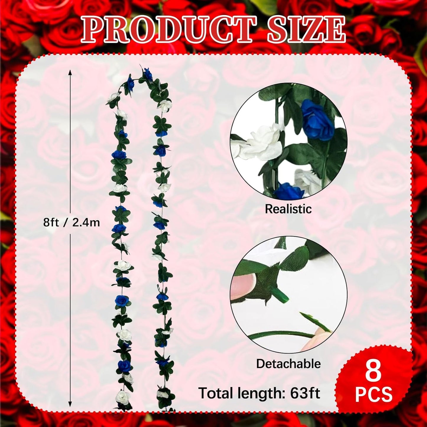 8Pcs 63Ft Royal Blue&White Fake Rose Hanging Flowers, Artificial Flower Vine, Hanging Floral Vine Garland for Wedding, Wall Arch, Halloween, Christmas Garden Backdrop Decor