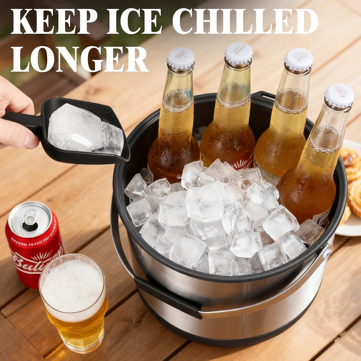 7QT/6.8LDouble-Wall Insulated Ice Bucket with Scoop & Lid, Large Capacity Stainless Steel Beverage Bucket for Party Cocktail Bar, Champagnes (Black)