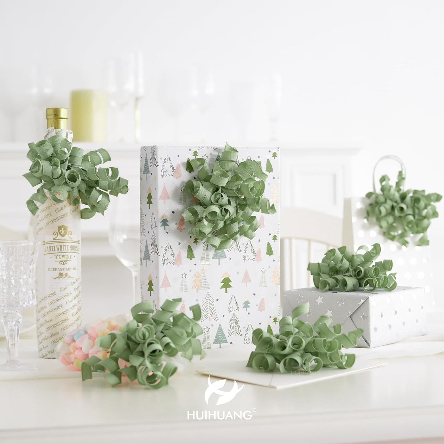 HUIHUANG Sage Green Bows for Gift Wrapping, Sage Curly Ribbon Bows Self Adhesive Burst Gift Bow for Presents, Wine Bottle, Treat Bags, Wrap Accessories, Bridal Shower Wedding Party Favor - 6 Counts