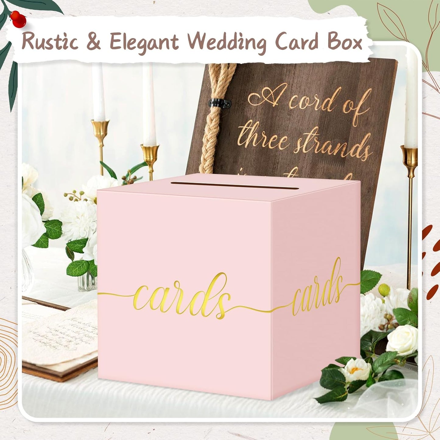 QIKSION Pink Wedding Card Box, Gold Foil Gift Card Box for Party, Wedding Reception, Graduation, Birthday, Baby Shower, Raffle