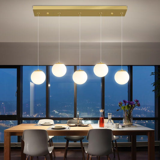 5-Lights Globe Pendant Light for Kitchen Island H 98" Gold Rectangle Chandelier Milk White Glass Pendant Lighting for Living Room Bedroom Entryway