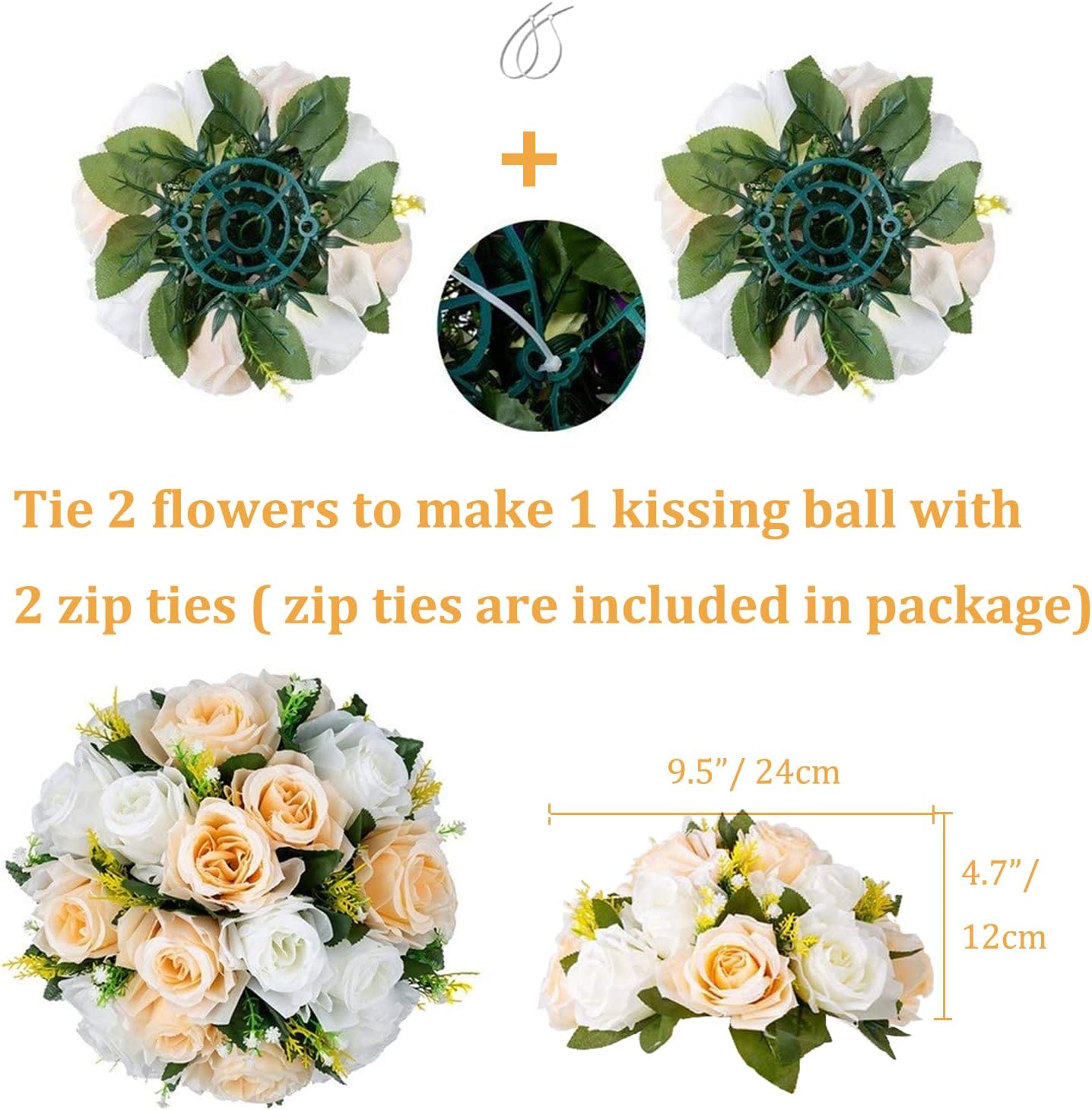 Flower Balls Wedding Rose Centerpieces: 2 Pcs Fake Flowers with Base Kissing Balls Decor Champagne White Artificial Floral Arrangements Flower Bouquet of Roses Home Party Table DIY Decorationss
