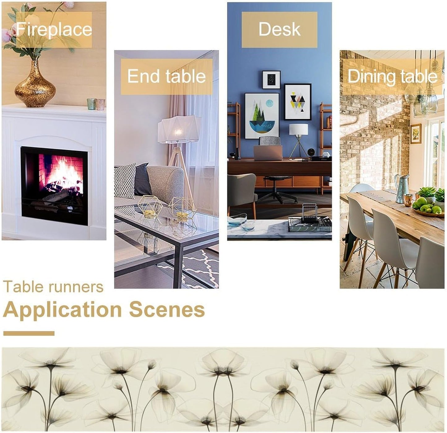 Abstract Floral Table Runner, Watercolor Transparent Beige Poppy Flowers Print Kitchen Dinning Table Runner for Indoor Outdoor Home Wedding Party Holiday, 13x60 Inch