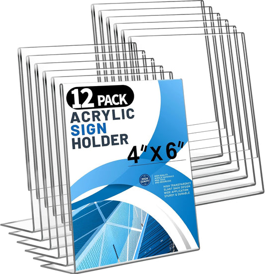 Aheroi 12Pcs Acrylic Sign Holder, 4x6 Clear Sign holders Paper Stand, L-shape Table Sign Holders Plastic Sign Holder Standing, Paper Display Stand for Menu Document Holder Office Desktop