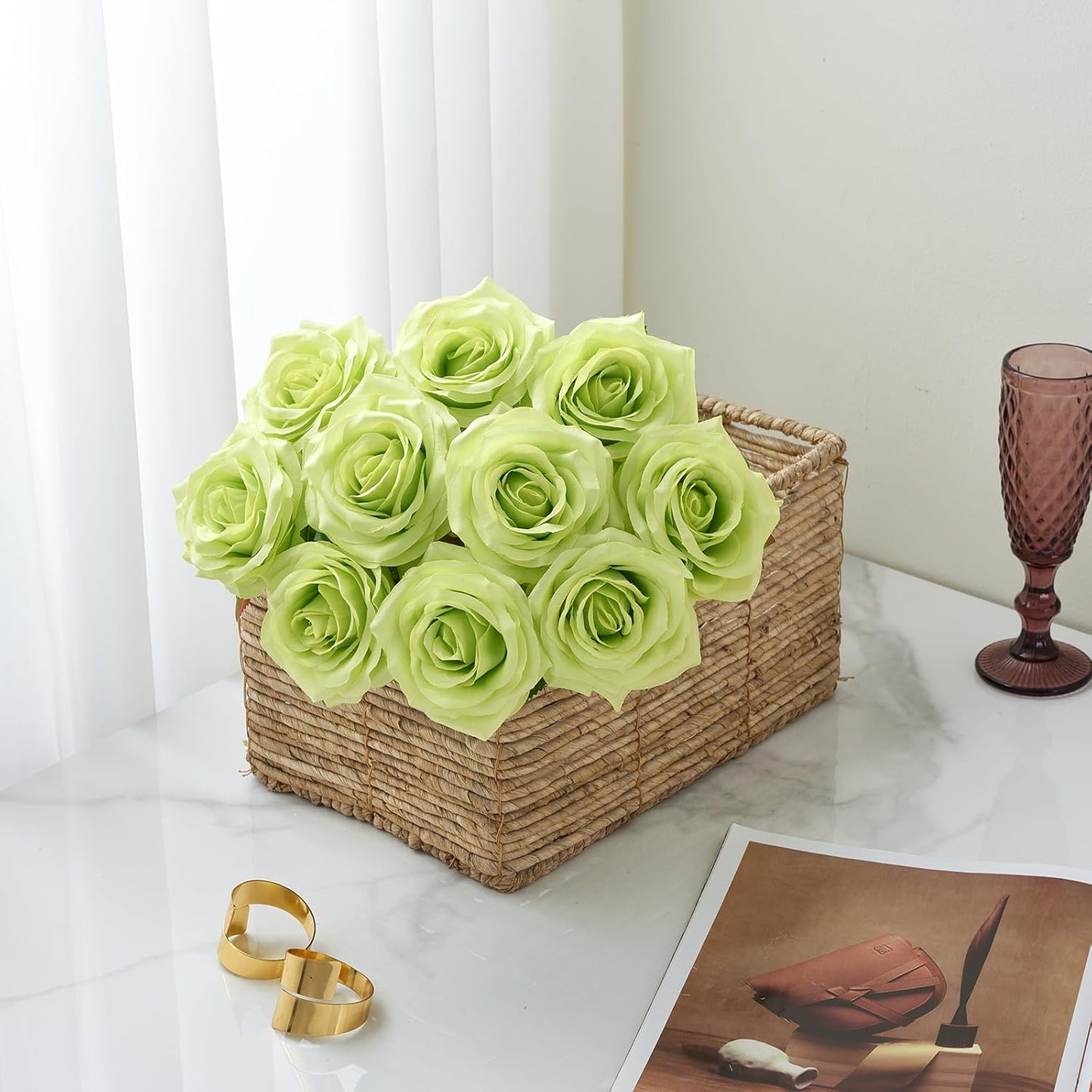 Artificial Rose 10pcs Open Flower Bouquet Faux Rose Stems for Wedding Arrangement, Bridal Bouquet, Centerpiece, Fake Faux Silk Flowers (Green)