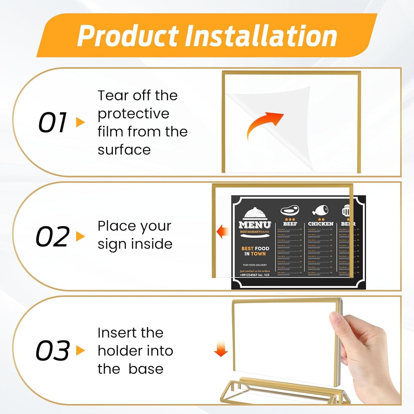Smarpau 6x4 Gold Acrylic Sign Holder, 8 Pack Wedding Table Number Holders with Horizontal Stand, Double Sided Photo Picture Frames Stands, Flyer Stand, Paper Display Stand for Cafe, Restaurant