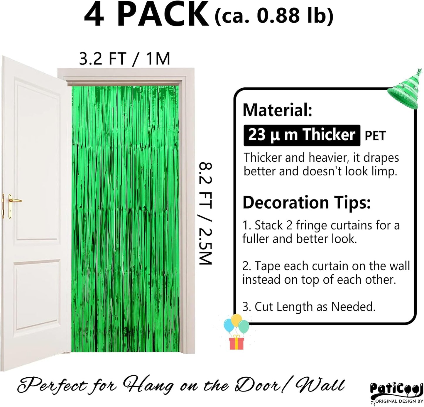 Green Streamers Party Decorations - Thicken 4 Pack 3.2 x 8.2 FT - Tinsel Foil Fringe Curtains Party Backdrop for Birthday, Dinosaur, Jungle, Football, Golf Party Decorations