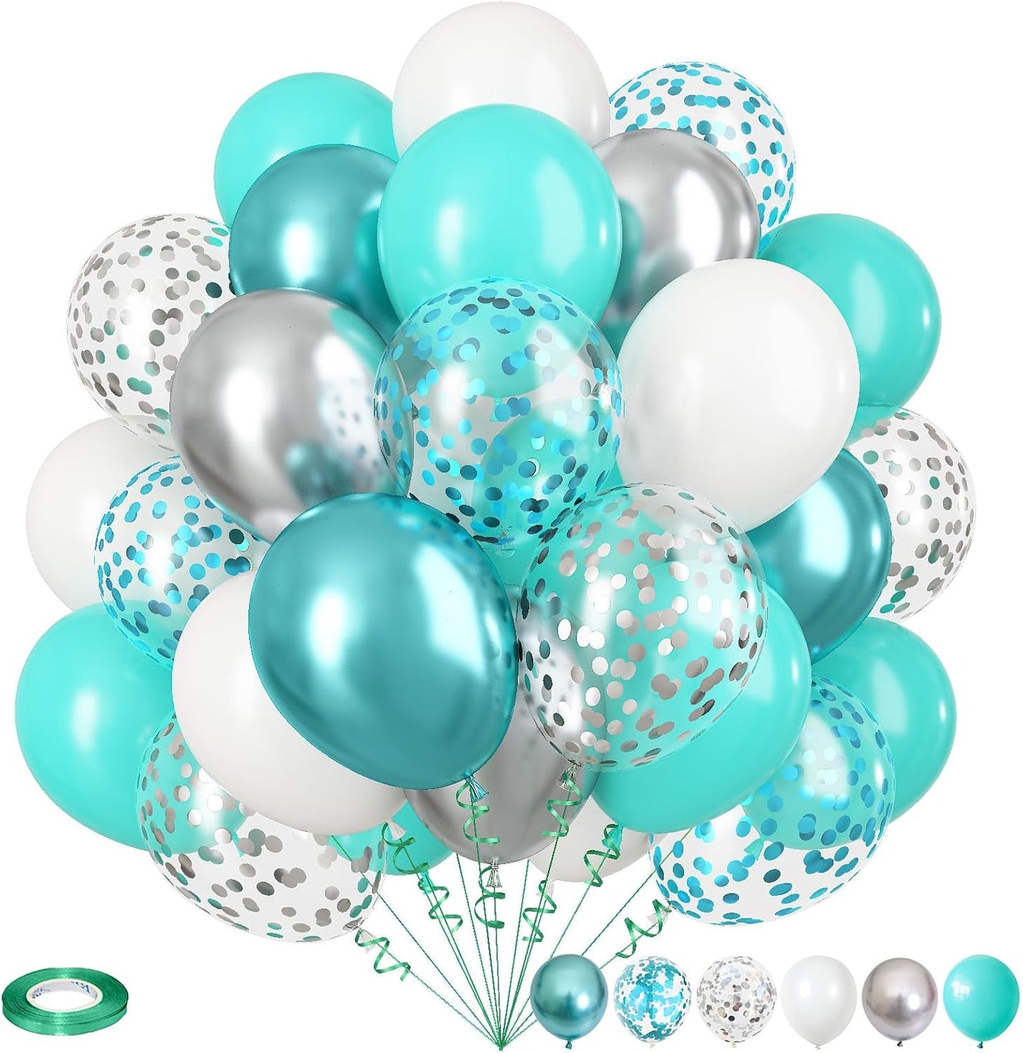 Teal Blue Silver Balloons, 35Pcs Turquoise Light Blue Mint Green Silver White Confetti Latex Balloons Set, Aqua Blue White Silver for Boys Christening Birthday Baby Shower Wedding Party Decorations