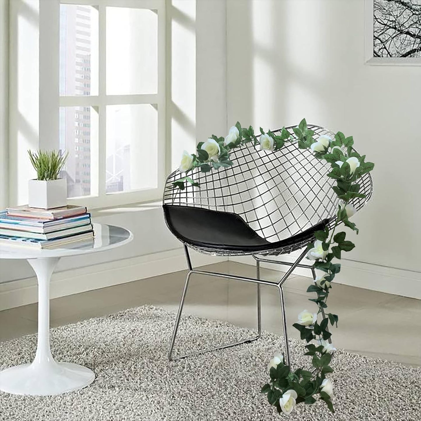 2 Pack Artificial Rose Vine Garland Fake Roses Flowers Plants Vines Hanging Floral Leaves Decoration for Wedding Party Table Garden Arch Wall Home Room Decor(White)