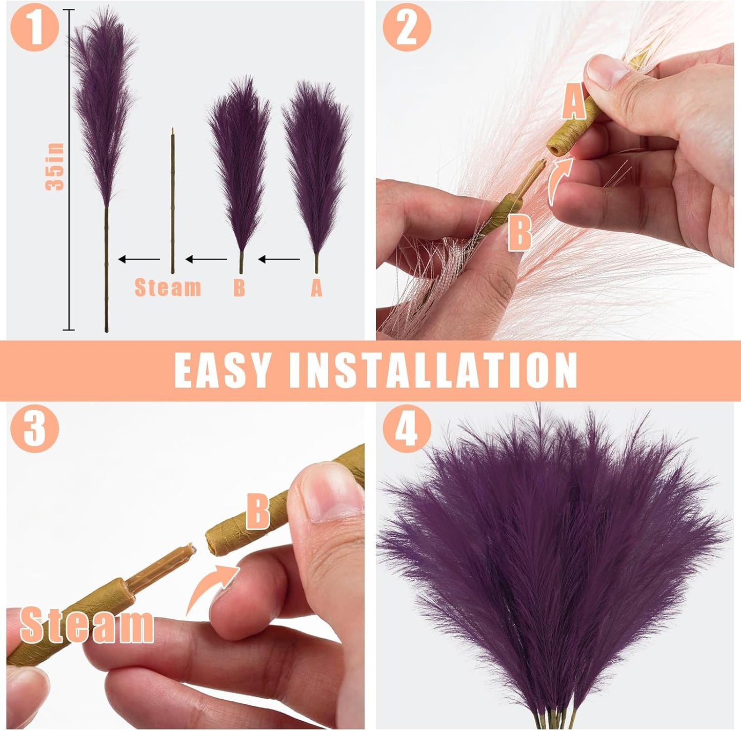 35" Faux Pampas Grass Decor, 8pcs Large Tall Fluffy Artificial Pompous Grass Branches Floral Fake Pompas Grass Bulrush Floor Vase Filler Flower Arrangement for Home Wedding Boho Decor, Purple