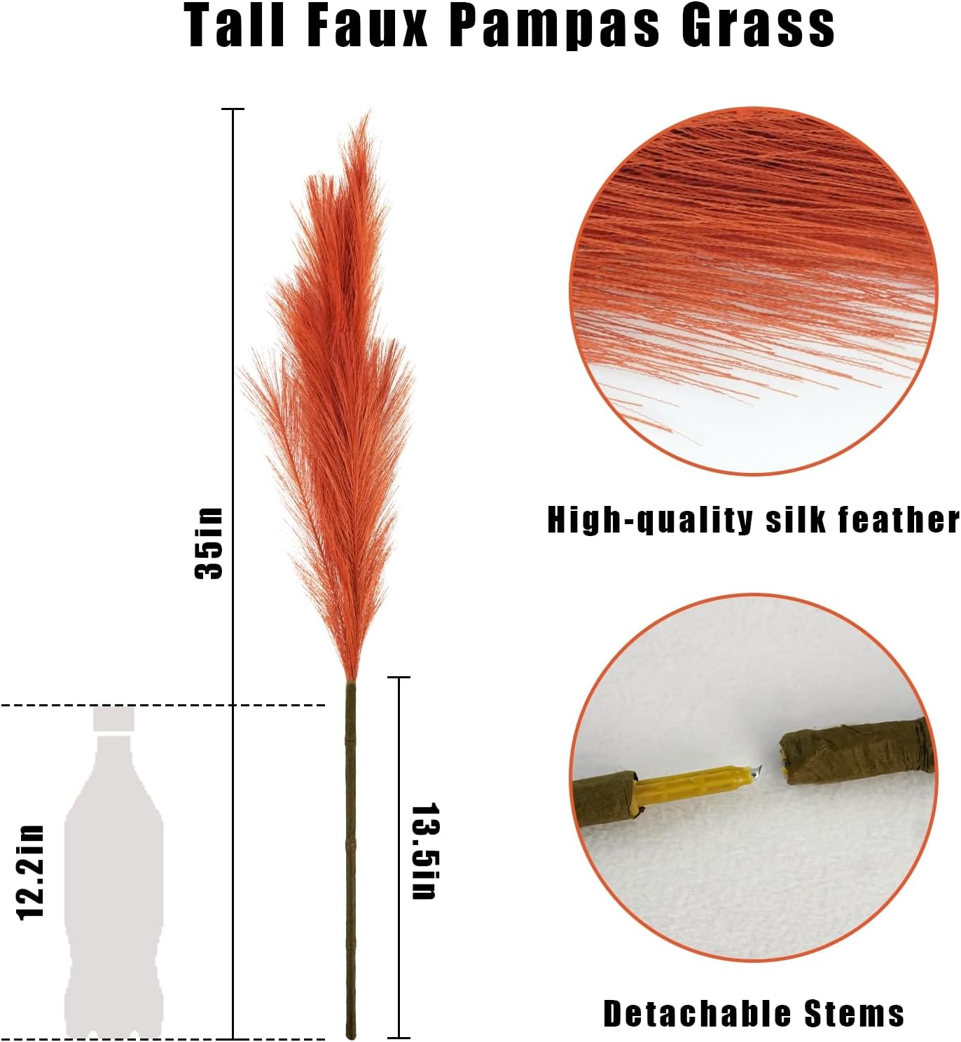 8pcs Orange Pampas Grass Tall, 35" Fluffy Faux Colored Pompas Grass Artificial Orange Pampas Stems Vase Filler Fall Flower Arrangement for Home Wedding Centerpieces Autumn Bohe Decor