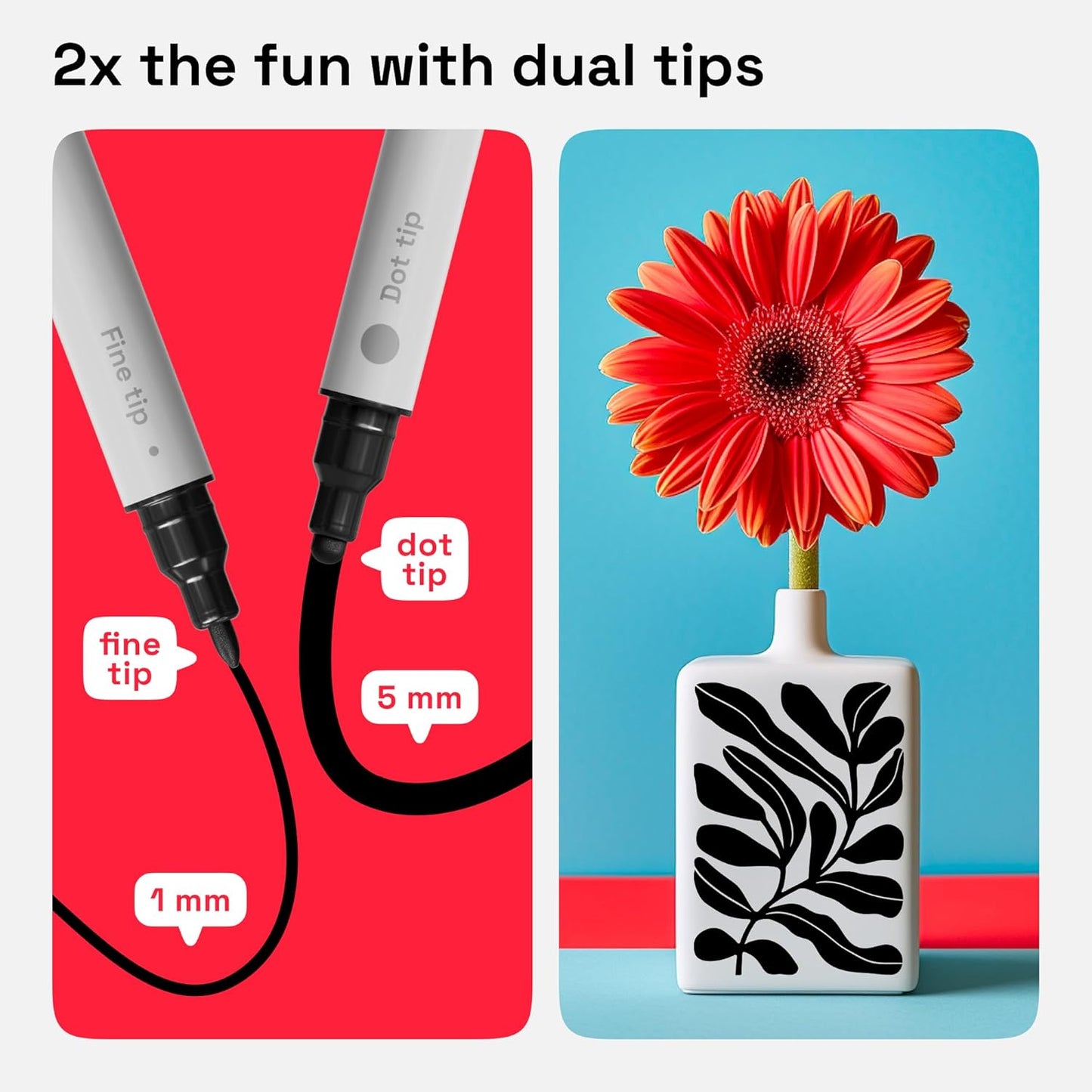 ARTISTRO 5 Black Dual-Tip Acrylic Paint Pens for Rock, Ceramic, Glass, Wood, Fabric - Black Markers for Acrylic Painting, 5mm Dot + 1mm Fine Tips