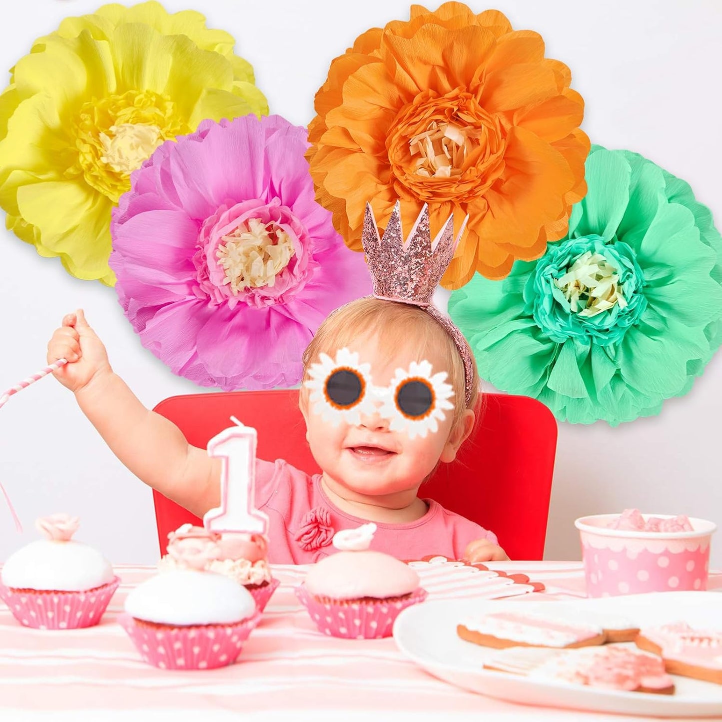 SUNBEAUTY Giant Colorful Paper Flowers Party Decorations 20" Large Fiesta Bulletin Board Tissue Pom poms Room Wall Decor for Birthday Wedding Bridal Babyshower Backdrop Hanging Tea Party Supplies