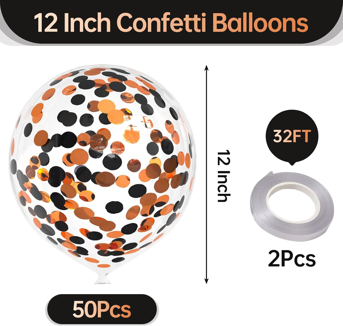 50pcs Orange and Black Foil Confetti Balloons,12 inch Latex Balloon with Orange Black Confetti Inside for Halloween Party Decorations