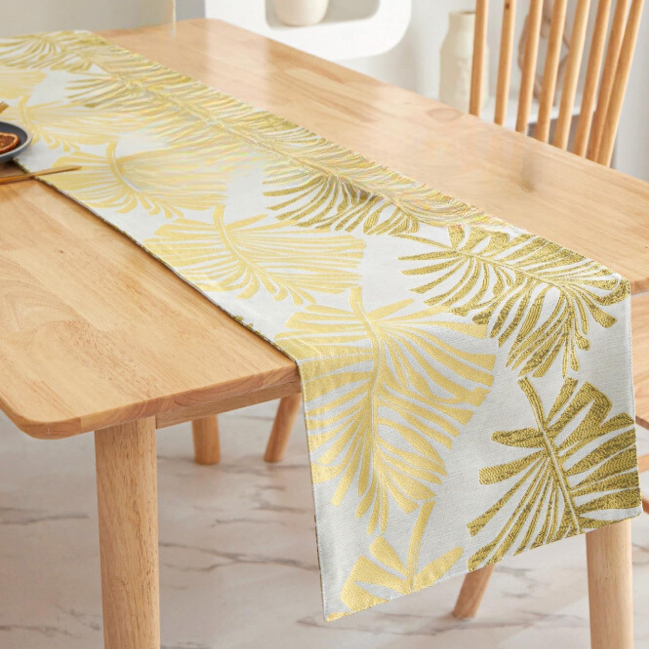 Monstera Leaf Table Runner – Elegant Fabric Table Centerpiece, Machine Washable, Gold or Green, 71"/83"/94" Length, 13" Width (Gold/94)