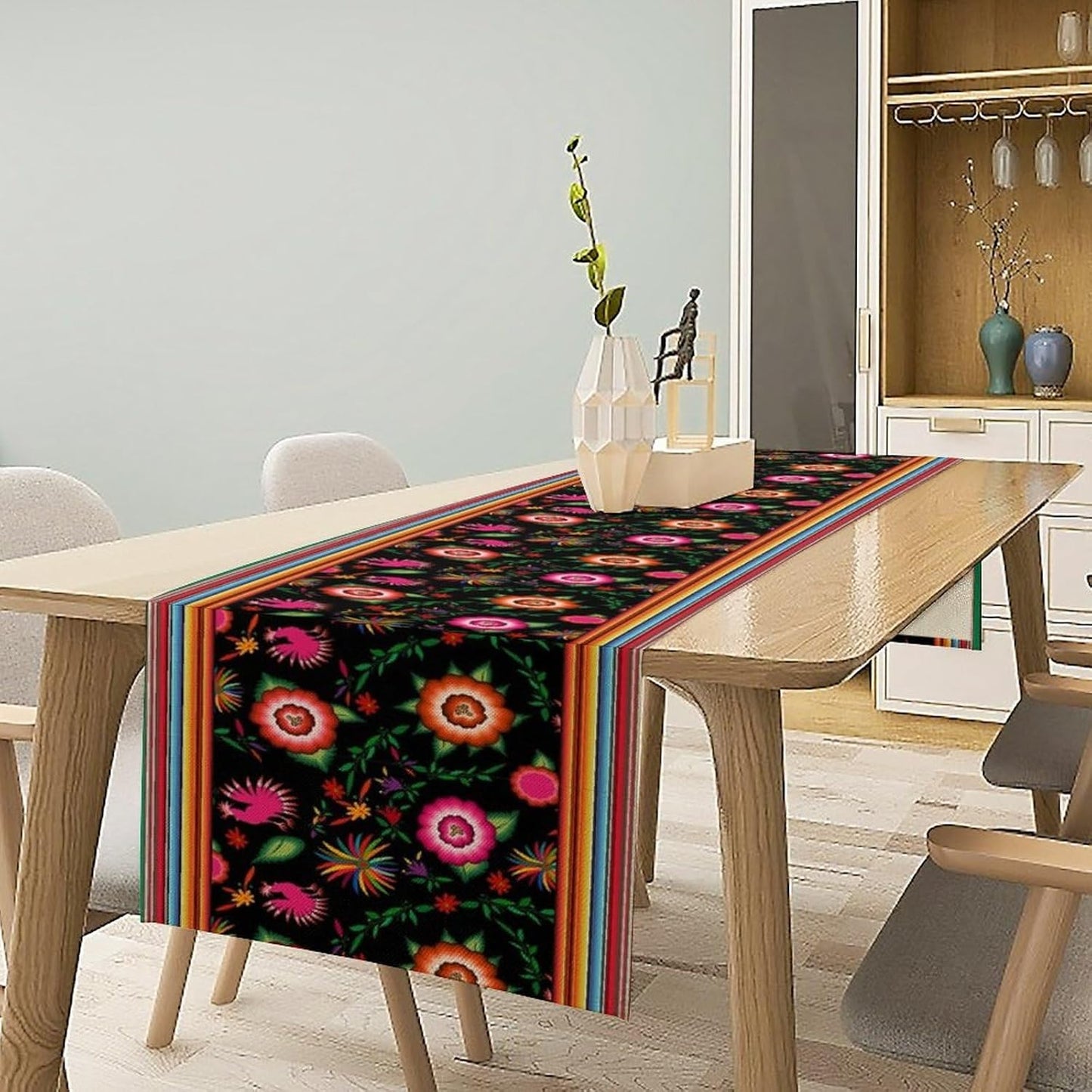 Mexican Table Runner,Colorful Flowers Cinco De Mayo Decor Table Runner for Kitchen Dining Table Home Party Decoration 13x60 Inch