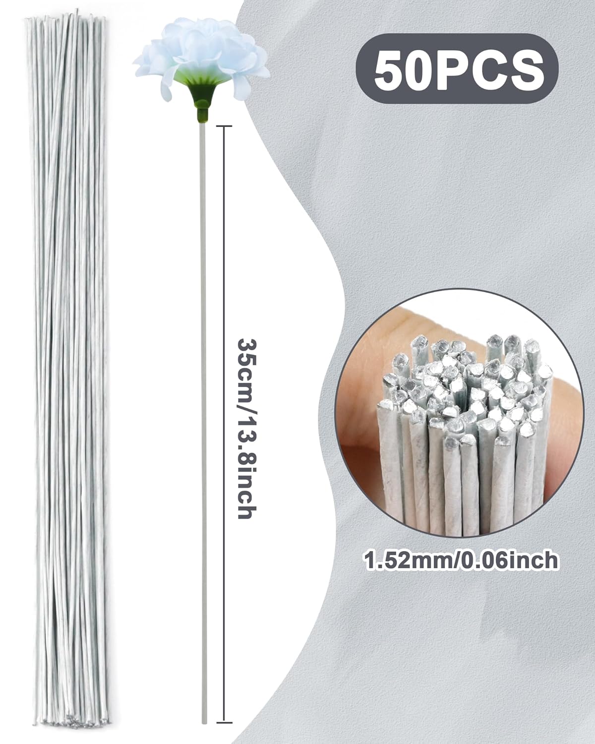 50 PCS FIVEIZERO 16 Gauge White Floral Wire Stems for Artificial Flower Making,Florist Wire,Flower Wires for Crafts,Alambre para Flores for Wreaths, Flower Arrangements and DIY Projects
