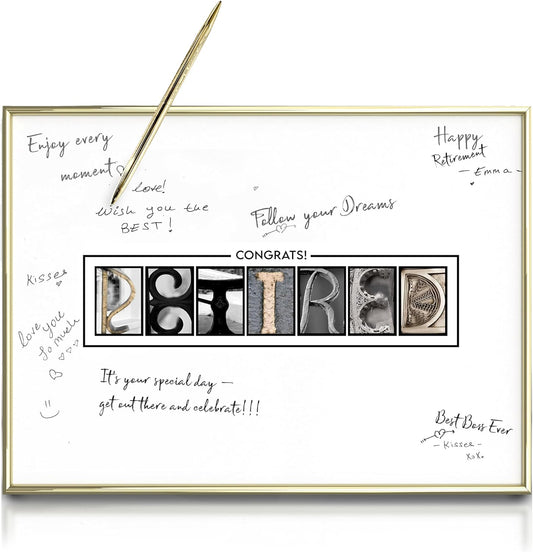 Framed Gold Retirement Decorations Guest Book for Men - 12"x16" Large Sign Poster including Gold Pen & Acrylic Glass - Retired Party favors, Table Centerpieces Plaque