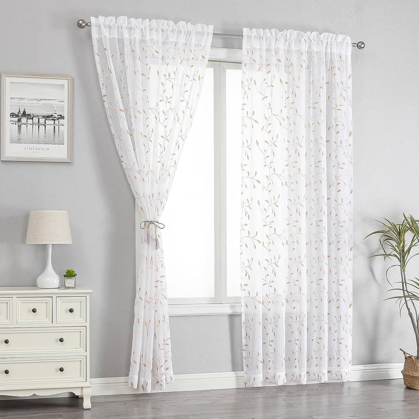 VISIONTEX White Sheer Voile Curtains, Decorative Orange Leaves Embroidery Faux Linen Rod Pocket Window Drapes for Home Kitchen, Living Room and Bedroom 54 x 72 Inch, Set of 2 Curtain Panels