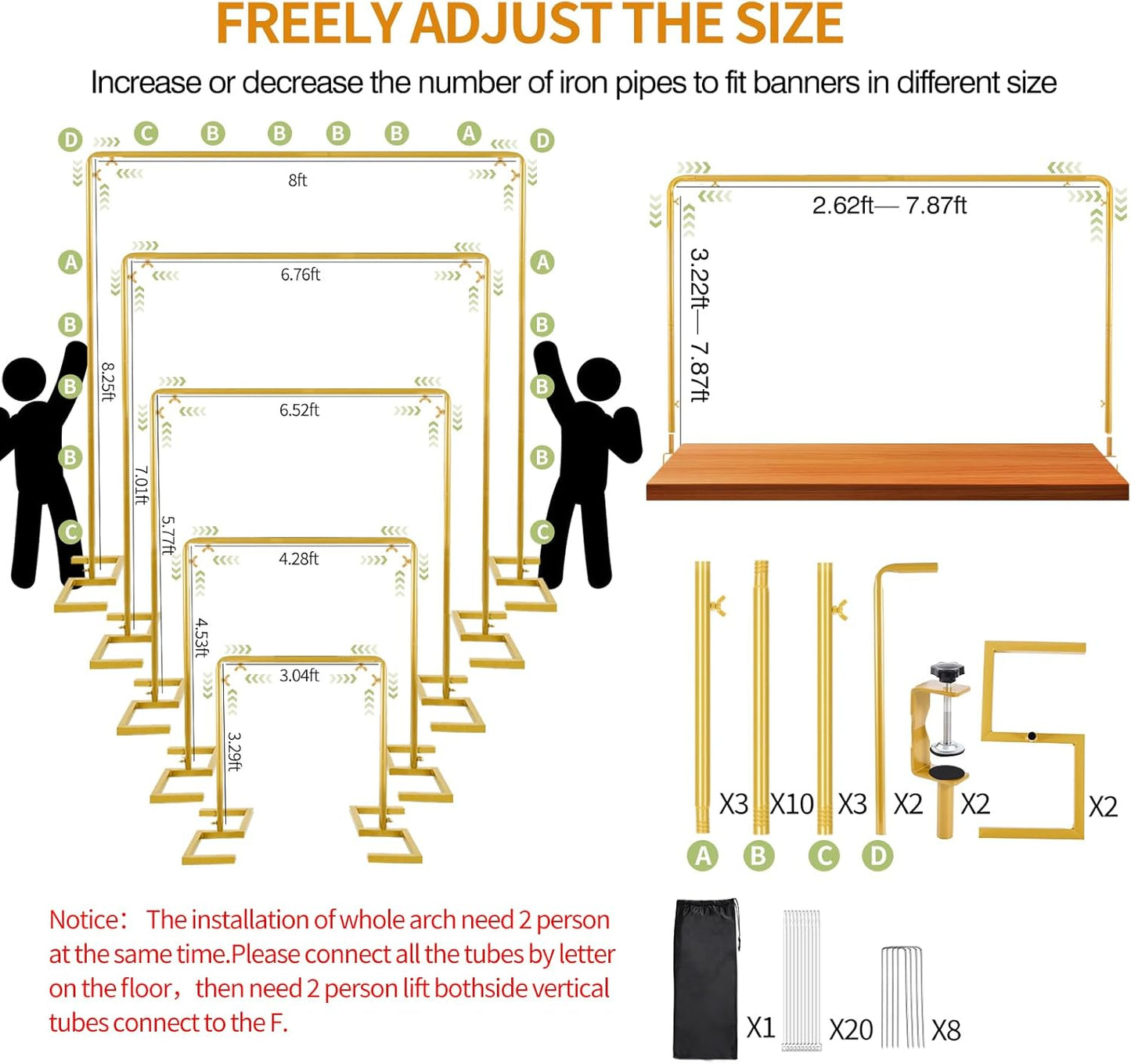 8.2FT Square Arch Backdrop Stand,Metal Gold Backdrop Stand Heavy Duty Adjustable,Extra 2 Clamps Change Over The Table Rod Stand,Wedding Balloon Arch Stand for Baby Shower Parties Decoration