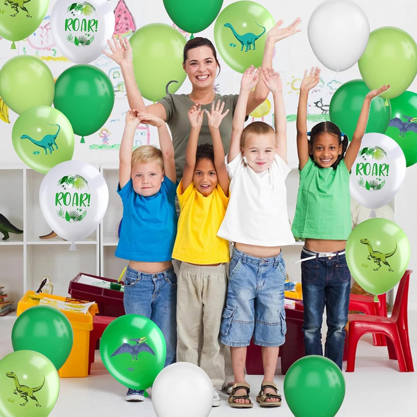 Dinosaur Balloons, 12 Inch Dino Printed Balloons Green White Lime Green Latex Balloons for Birthday Party Jungle Dinosaur Themed Decoration for Boys Birthday Party Baby Shower Supplies