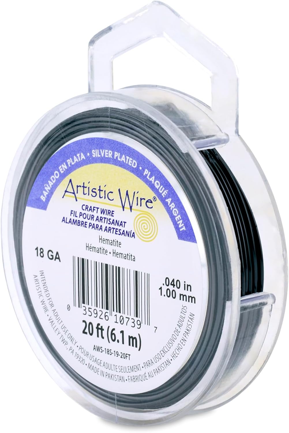 Artistic Wire, 18 Gauge Silver Plated Tarnish Resistant Colored Copper Craft Wire, Hematite, 20 ft