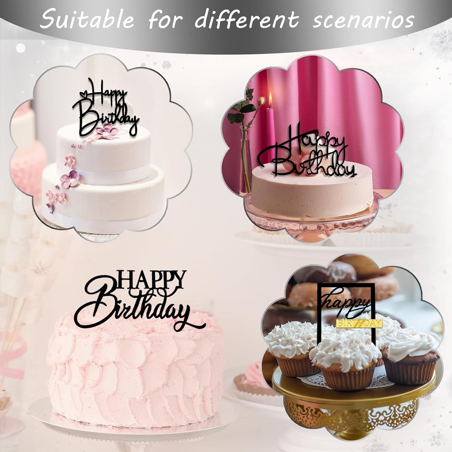 10 PCS Black Birthday Cake Topper Mirror Acrylic Happy Birthday Cake Toppers Double-Sided Dessert Decorations for Girls Women's Party Supplies