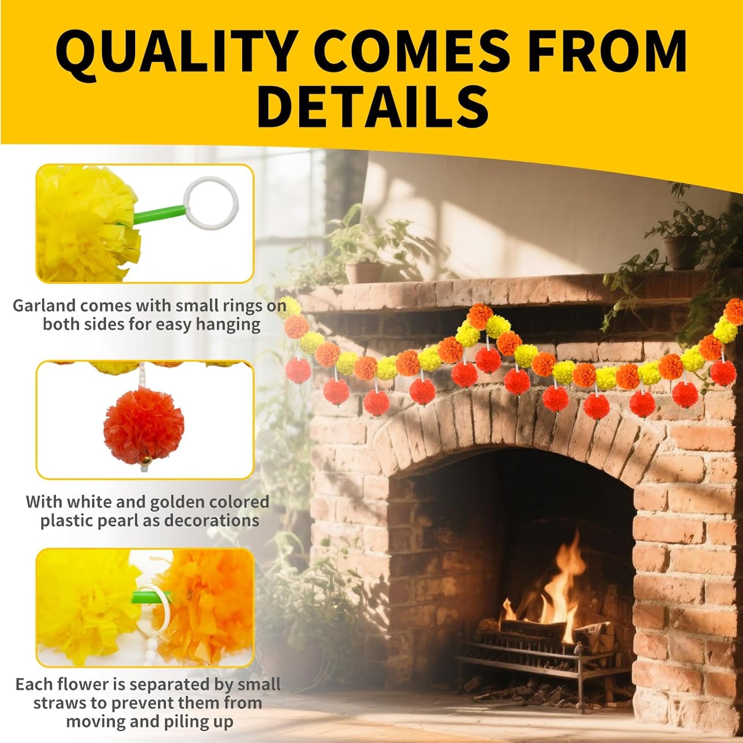 5 Pcs Diwali Artificial Marigold Garland with Pearls Decor, 4.5 Feet Artificial Marigold Flowers for Indian Pooja Diwali Home Mantle Decor Long Strands for All Year Decoration (Yellow＆Orange&Red)