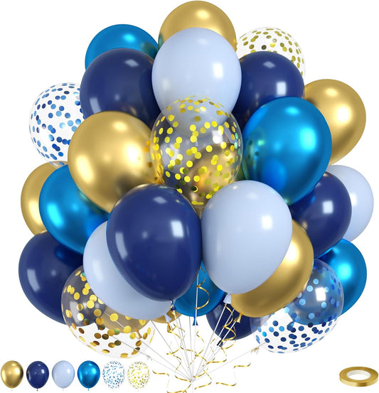 Blue and Gold Balloons, 50pcs Metallic Blue Gold Balloons, Navy Macaron Balloon Confetti Balloon For Birthday Baby Shower Father's Day Party Wedding Graduation Bachelorette Anniversary Decorations