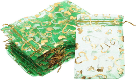PATIKIL 100 Pcs 4x6 Inch Heart Printed Organza Bags, Green Sheer Heart Organza Bags with Drawstring for Christmas Candy Jewelry Party Wedding Favor Gift