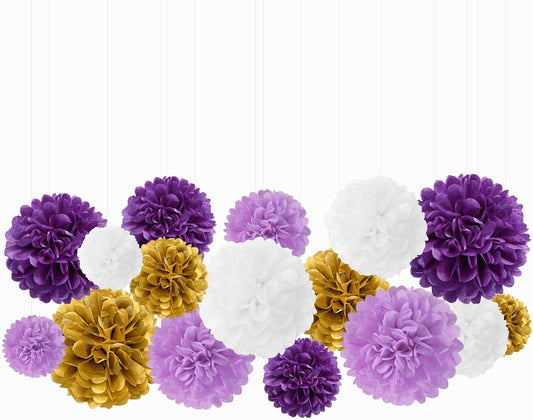 Purple White-Gold Lavender Tissue Pom-Poms - 16pcs Purple Birthday Party Decorations Paper Flowers Garland Wedding Baby Bridal Shower Mothers Graduation Festival Decor Panduola
