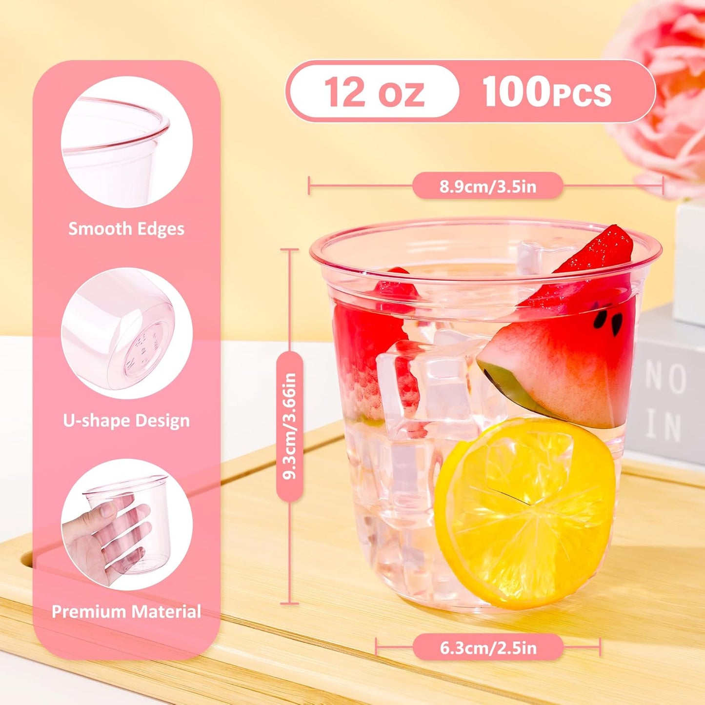 DI QIU REN 100PCS 12 OZ Pink Plastic Cups Pink Cups Disposable Wine Glasses Round Bottom Plastic Cup Martini Party Cup for Birthday Wedding Meeting Valentines Baby Showers Picnic Festive Celebrations