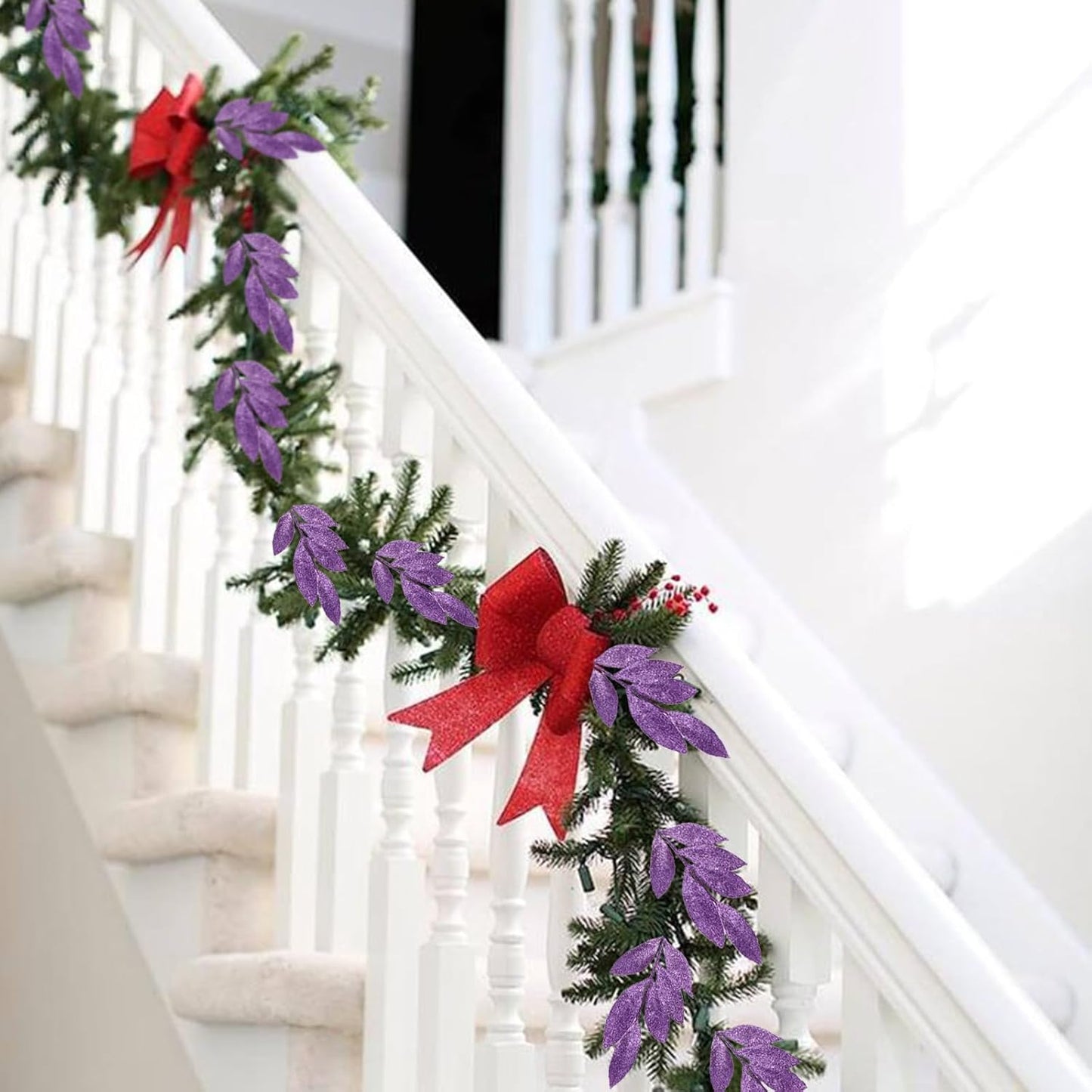 GREENTIME 12 Pack Artificial Purple Glitter Leaves 13" Fake Christmas Picks Decorative Glitter Sticks for Vase Christmas Tree DIY Wreath Crafts Fireplace Decor