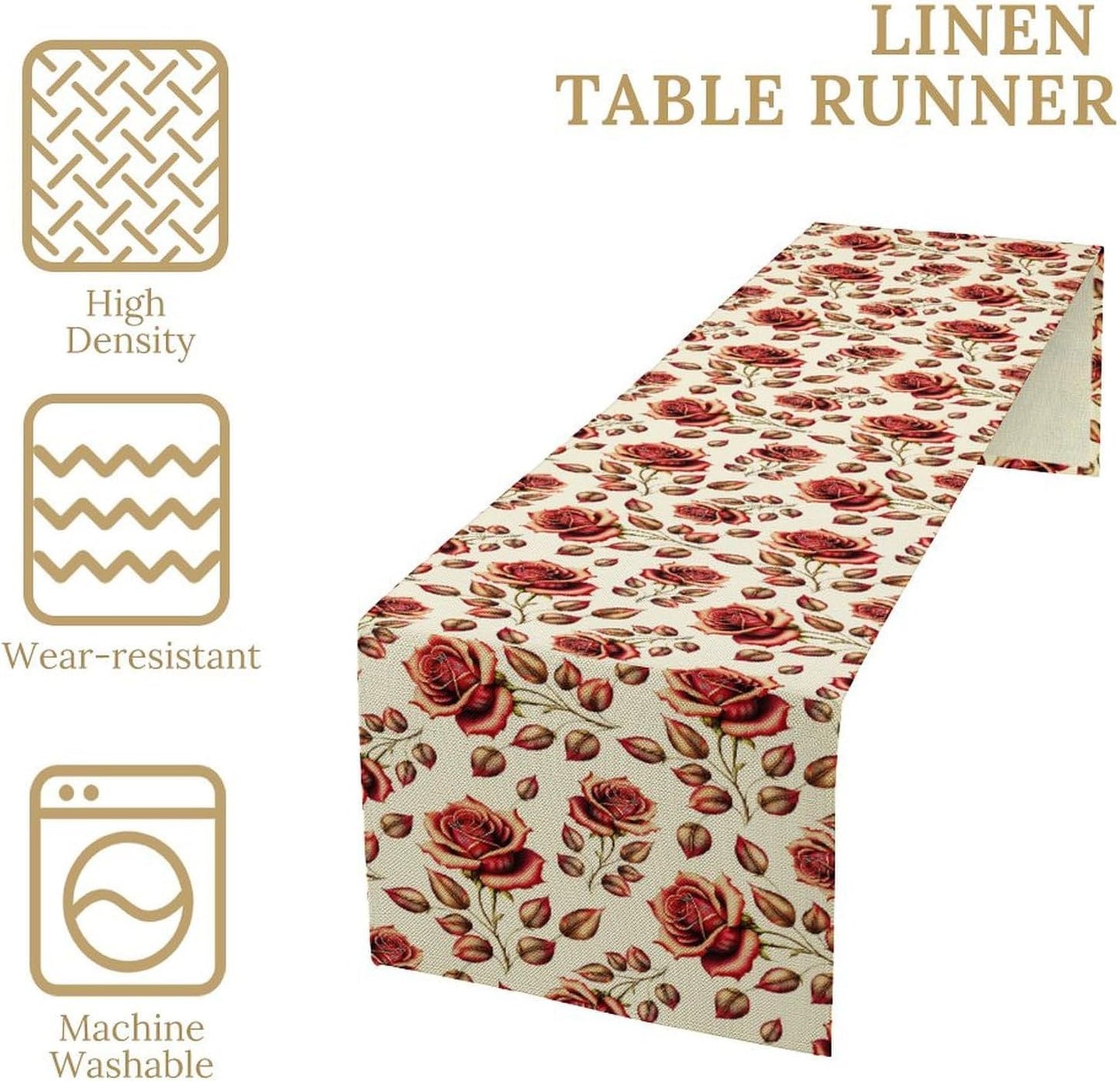 Retro Rose Table Runner, Romantic Love Elegant Plant Red Golden Flower Print Table Runner for Kitchen Dinning Table Runner Decor Home Wedding Party Holiday, 13x120 Inch